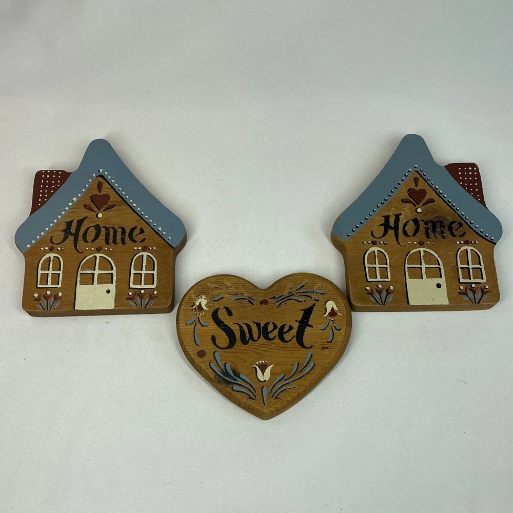 Vintage Wood Home Sweet Home Wall Plaques Set of 3 Folk Art Country Decor